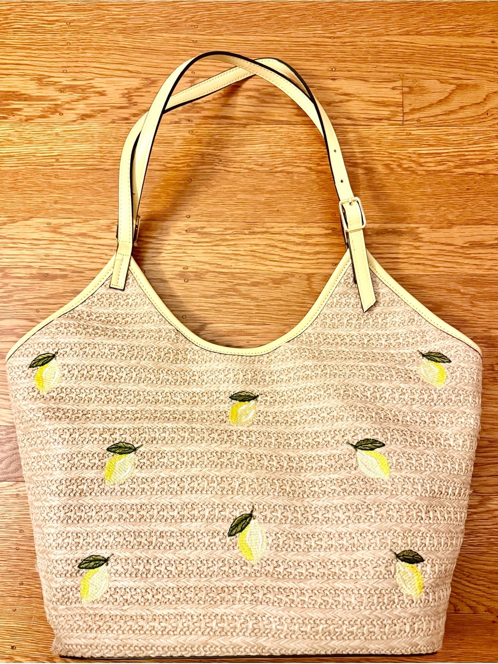 BCBGeneration Yellow Lemon Embroidered Straw Tote Gold Hardware
